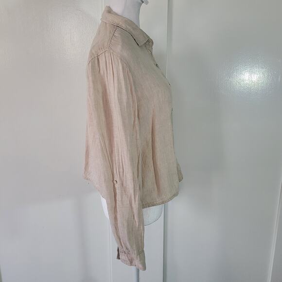 Tahari Size S	100% Linen Light Tan Long Sleeve Crop Button Up Top Collared - Picture 2 of 8